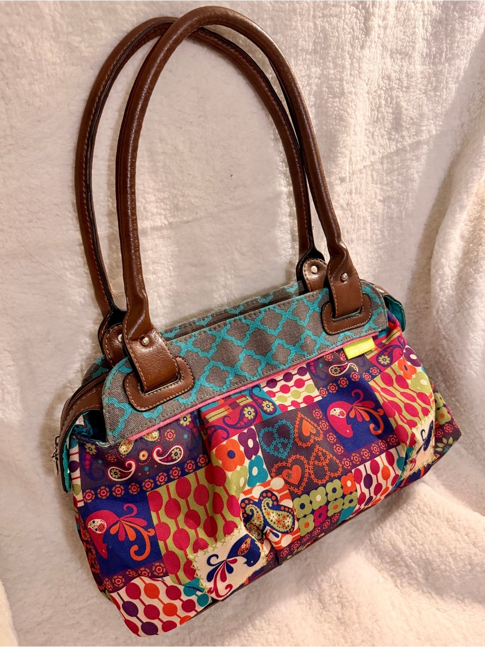Lily Bloom Patchwork Paisley Satchel Shoulder Handbag Brown Trim Boho - Picture 2 of 12